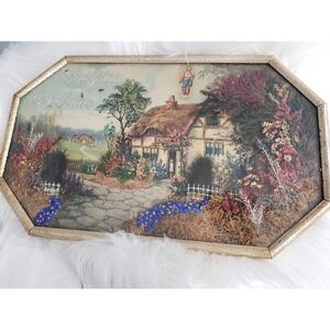 Antique God Bless Our Home Religious Bubble Glass Picture Dried Flowers 1st Home